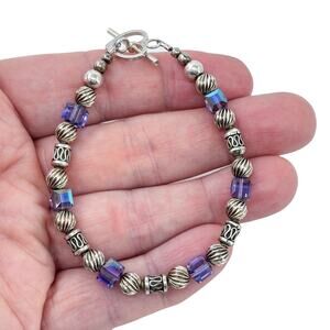 Vintage Sterling Silver 925 Iridescent Crystal Beaded Bracelet 7.5"